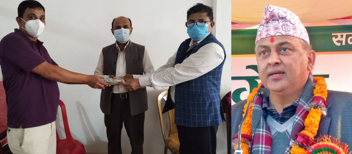 कांग्रेस नेता एवं पूर्वमन्त्री शंकर भण्डारीद्वारा स्वास्थ्य सामाग्री खरीदका लाख १ लाख प्रदान