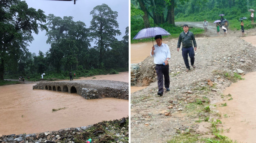 अविरल वर्षासँगै थानखोलाको डाईभर्सन बगाउदा यातायात अवरुद्ध, गाउँपालिका अध्यक्ष गुरुङद्वारा स्थलगत अवलोकन
