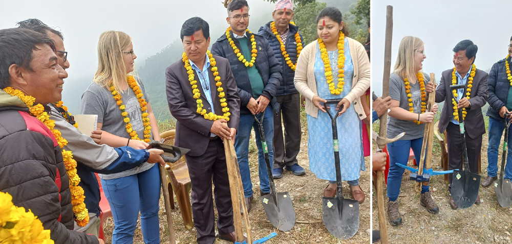 इच्छाकामनाको काटिश्वरामा खानेपानी निर्माणको लागि विदेशीले श्रमदान गर्ने, गापा अध्यक्ष गुरुङद्वारा विदेशी स्वंयसेवकलाई स्वागत